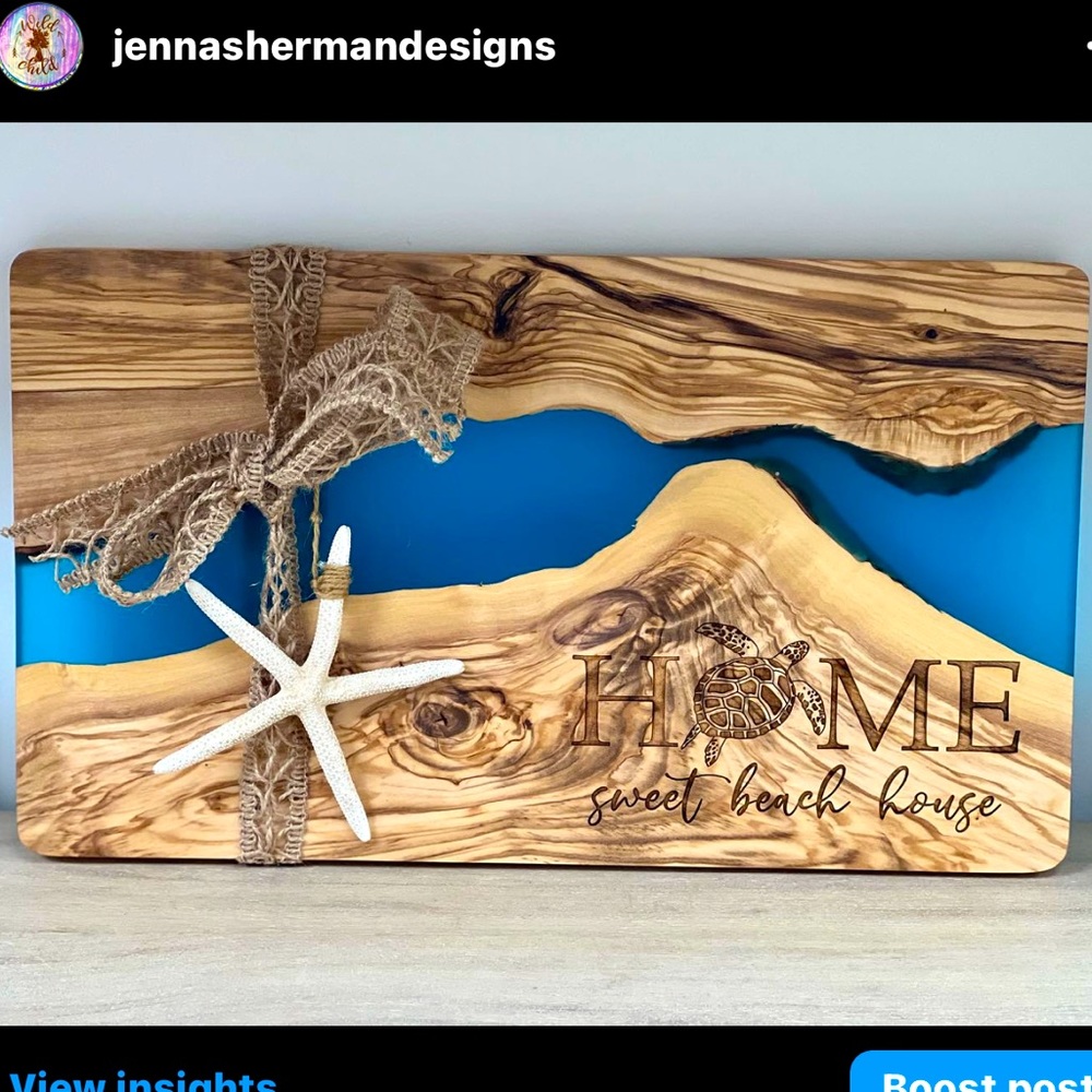 Stunning Olive wood and resin engraved cutting board. 16 x9